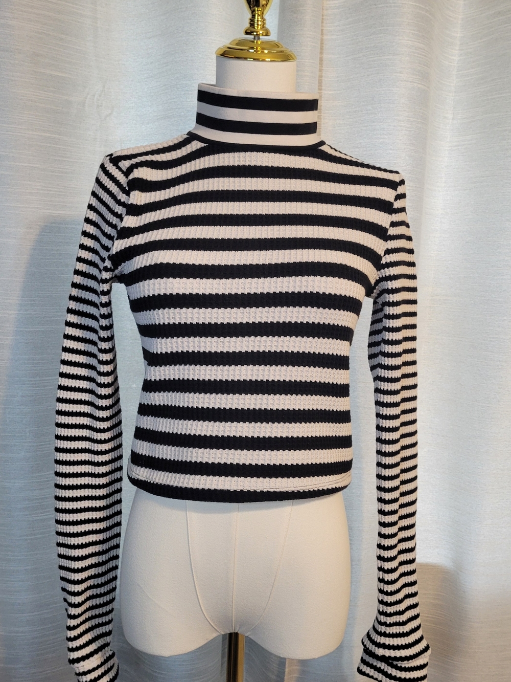 aerie Black and White Striped Ribbed Mock Neck Top
